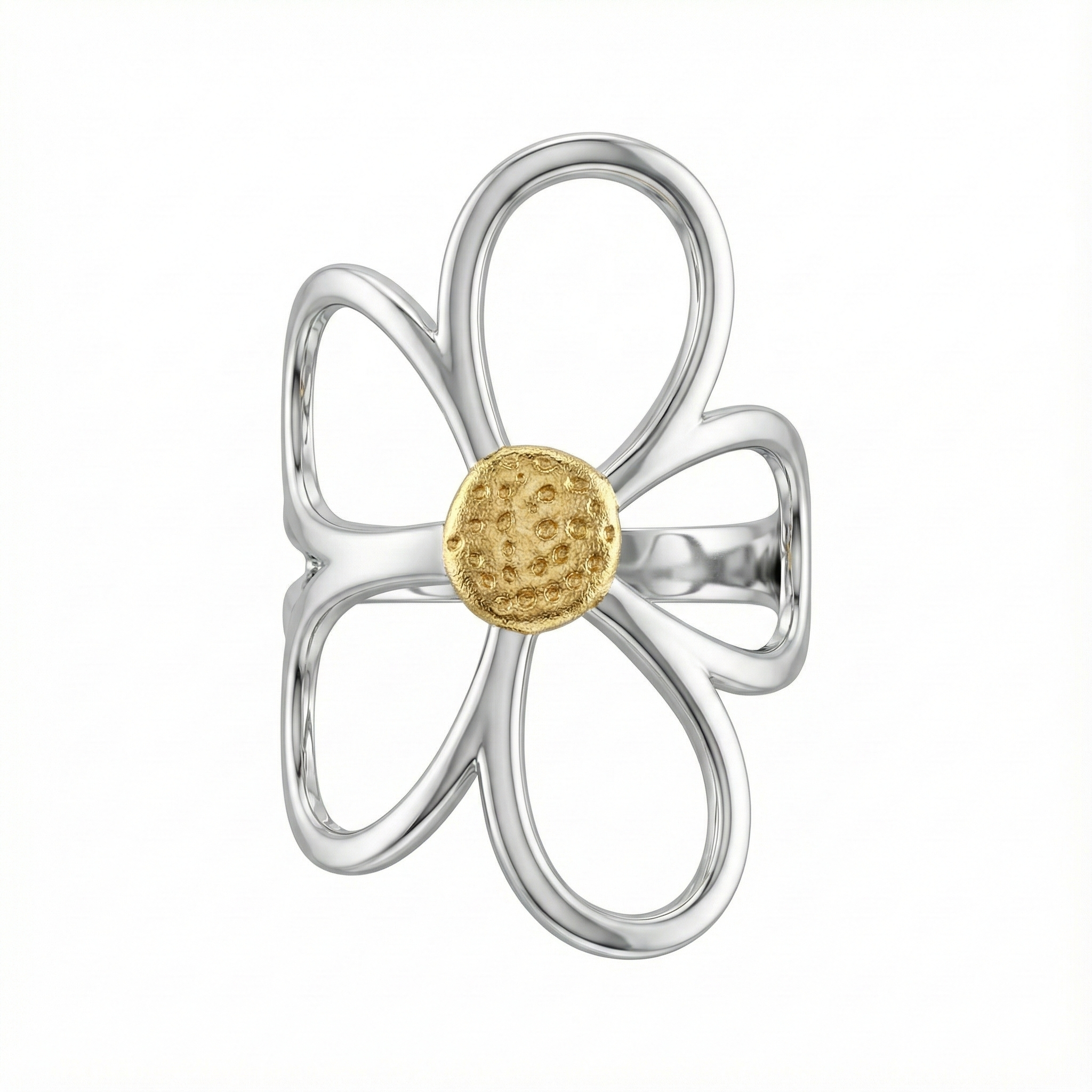Détail motif fleur pétales argent sur bague acier inoxydable